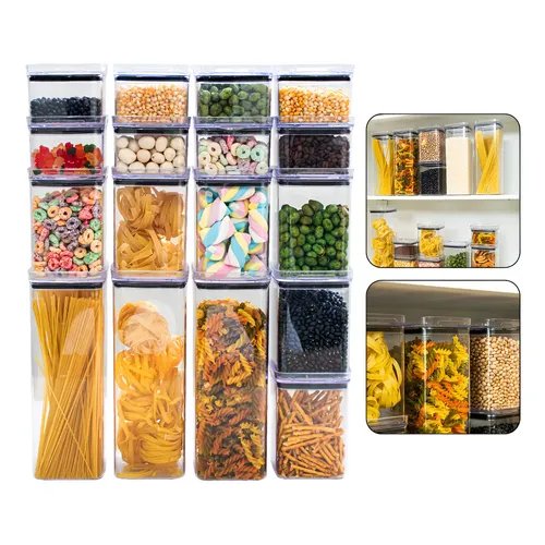 Kit 17 Potes Herméticos Acrílicos Empilháveis Quadrados Transparente para Cozinha e Despensa