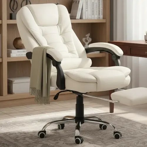 Cadeira De Escritório Itália Presidente Ergonômica Couro Sintético Encosto Ajustável Com Trava E Apoio Para Pés Cor Branca Luvinco