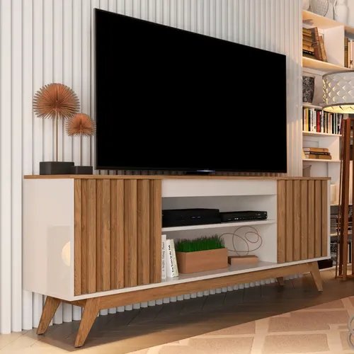 Rack Ripado Bancada 1,60 P/ Tv 60 Polegadas Retro Multiuso Cor Off-white/ripado