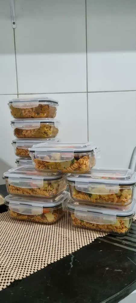 foto de comprador de Kit 10 Potes Vidro Hermético Aristus 640ml Marmita Anti Vazamento Forno Micro-ondas Freezer Tampa 4 Travas - Cinza
