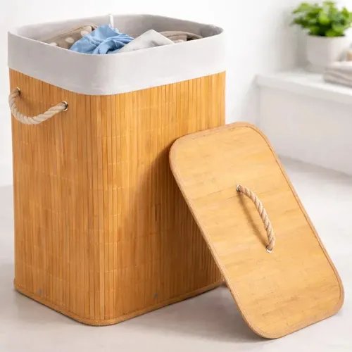 Cesto De Roupa Suja Em Bambu 72l Retangular Dobravel Tampa E Alça Reforçada Pítia