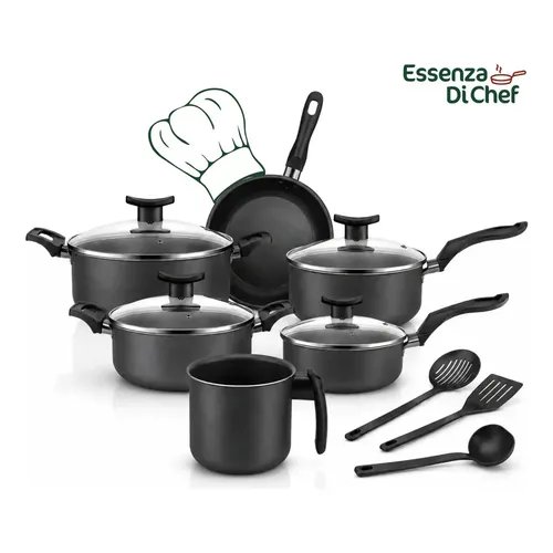 Conjunto De Panelas 9 Peças Antiaderente Com Tampa De Vidro E Utensílios Fogão A Gás Preto