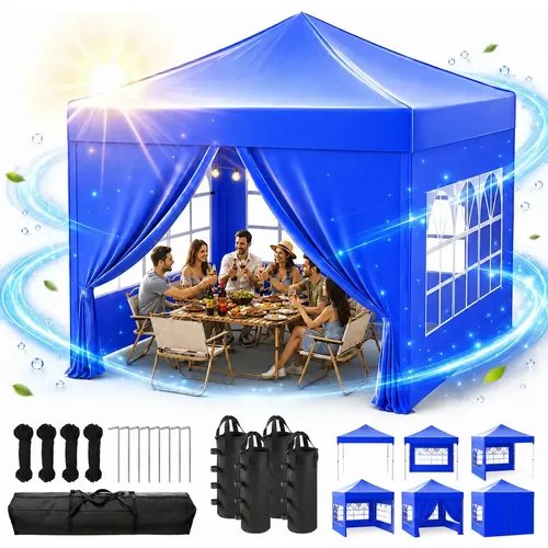 Gazebo Sanfonado 3x3m+4 Tenda Dobrável Impermeável Com 4 Paredes Proteção Uv Para Camping Praia Jardim Churrasco Festa Evento Feiras Barraca Retrátil Estrutura Reforçada Ao Ar Livre Azul